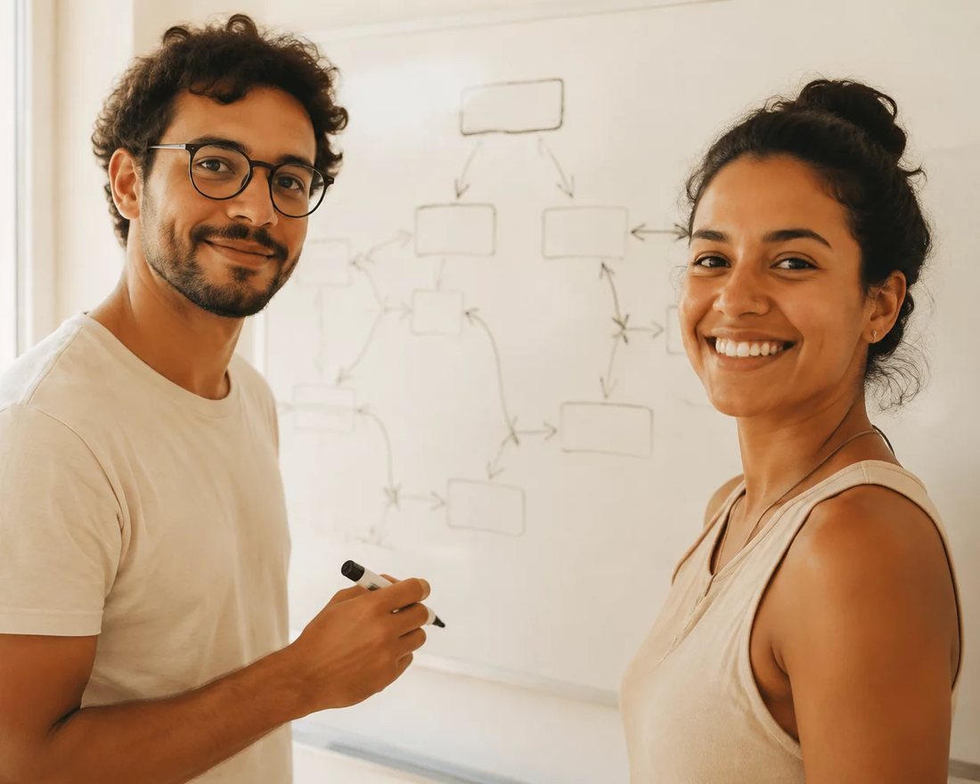 Duas pessoas em pé diante de um quadro branco onde um argumento está desenhado